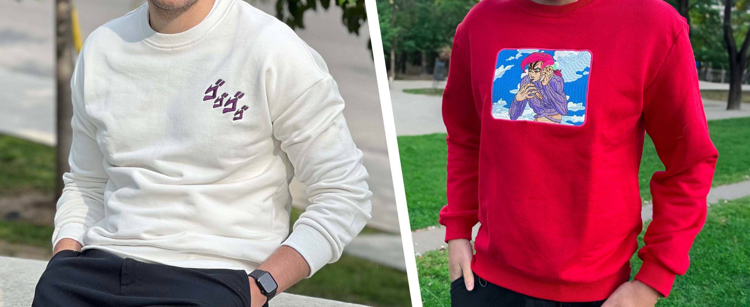 Side-by-Side image of white and red JoJo's Bizarre Adventure sweaters