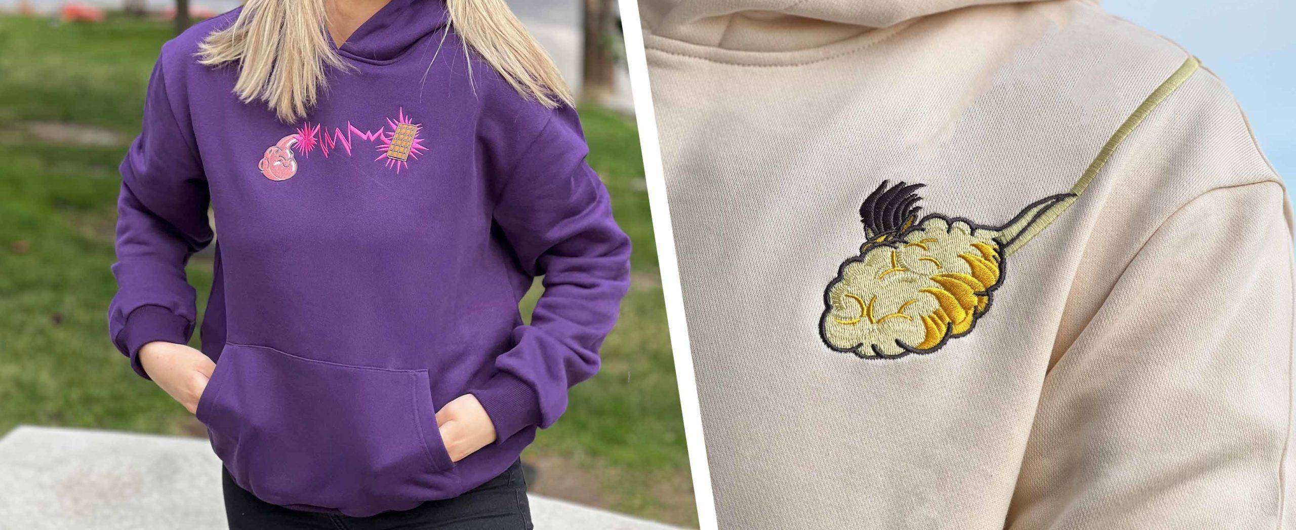 Side-by-side image of purple and white Dragon Ball Z Hoodies